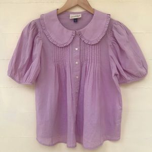 Women's Eyelet top Puff Short Sleeve Button-Down Shirt blouse  size M